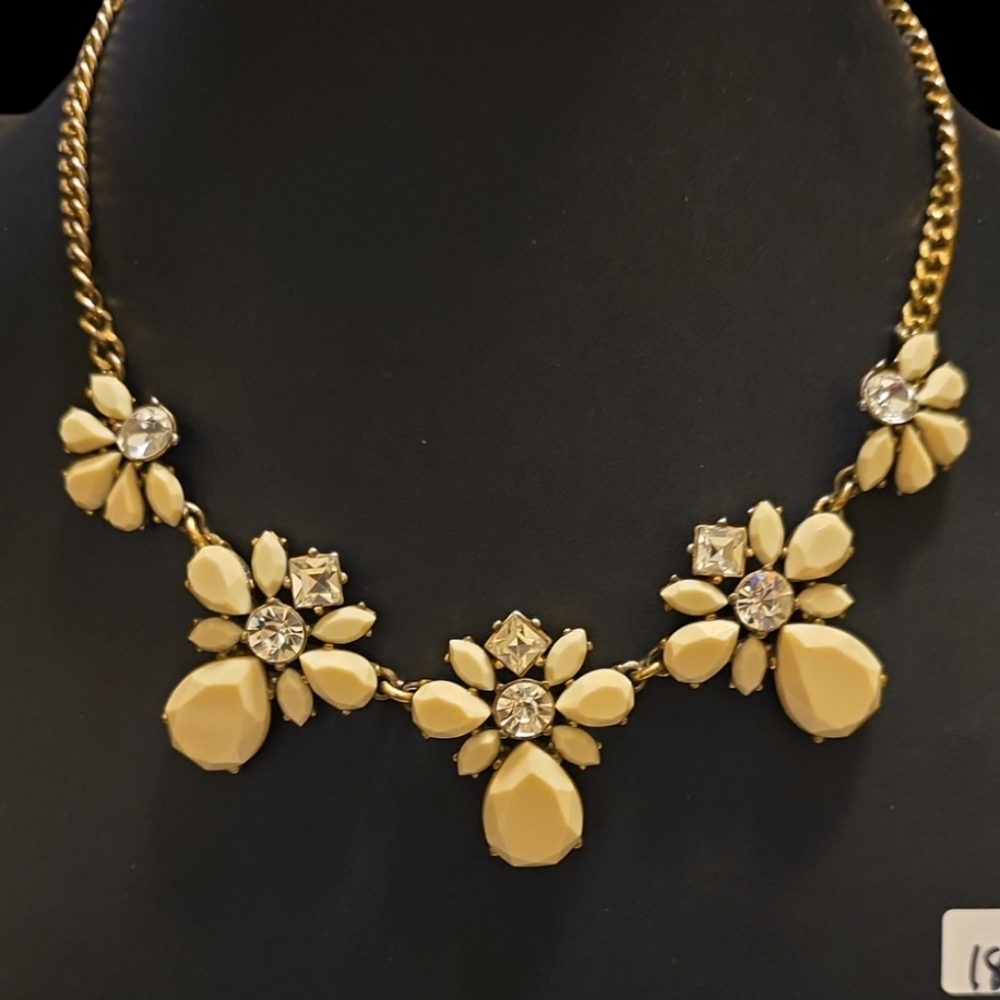 J CREW Rhinestone & Milky/Ivory Colored Faceted 16" - 18” Statement Necklace